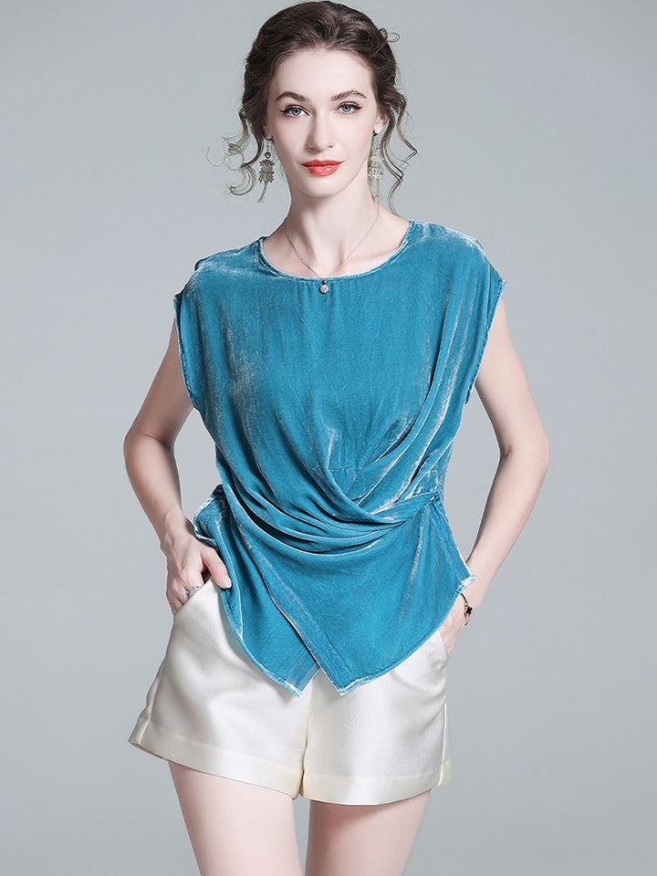 Peacock Blue Cap Sleeve Silk Velvet Wrap Shirt Sleeveless Silk Top