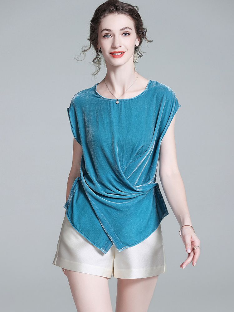 Peacock Blue Cap Sleeve Silk Velvet Wrap Shirt Sleeveless Silk Top