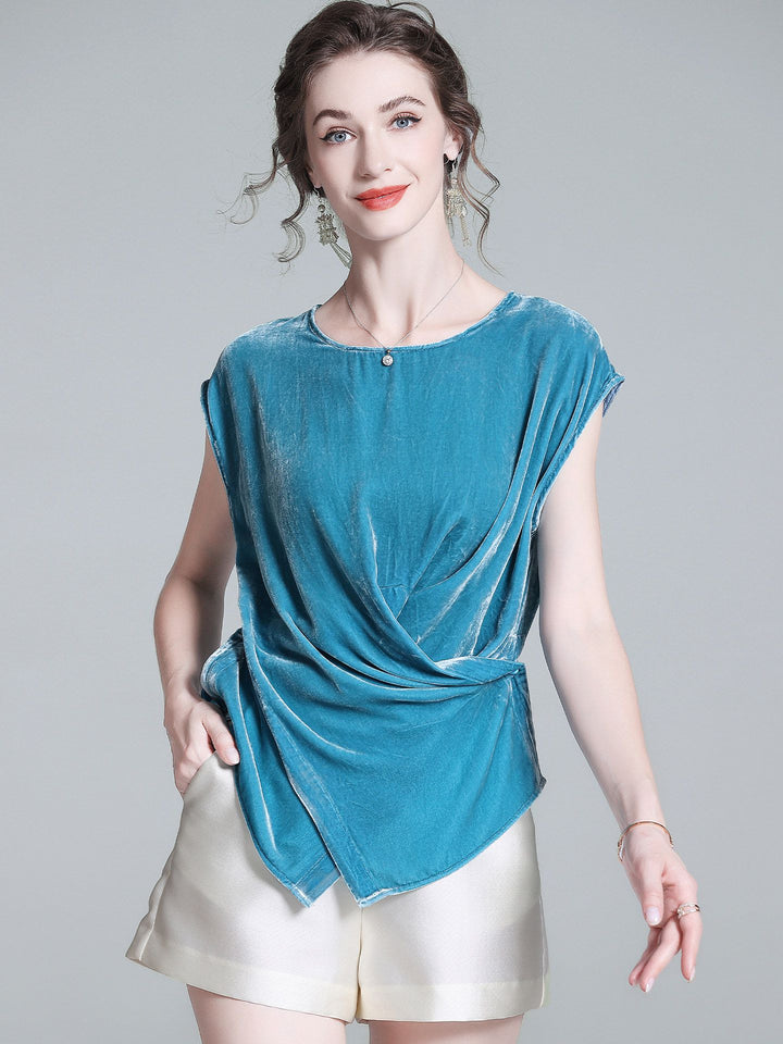 Peacock Blue Cap Sleeve Silk Velvet Wrap Shirt Sleeveless Silk Top