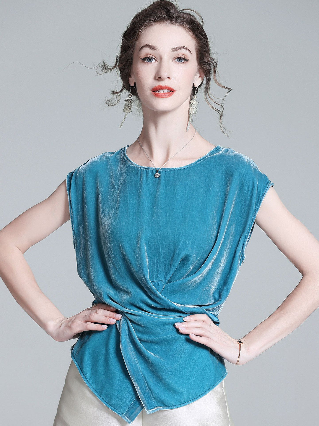 Peacock Blue Cap Sleeve Silk Velvet Wrap Shirt Sleeveless Silk Top