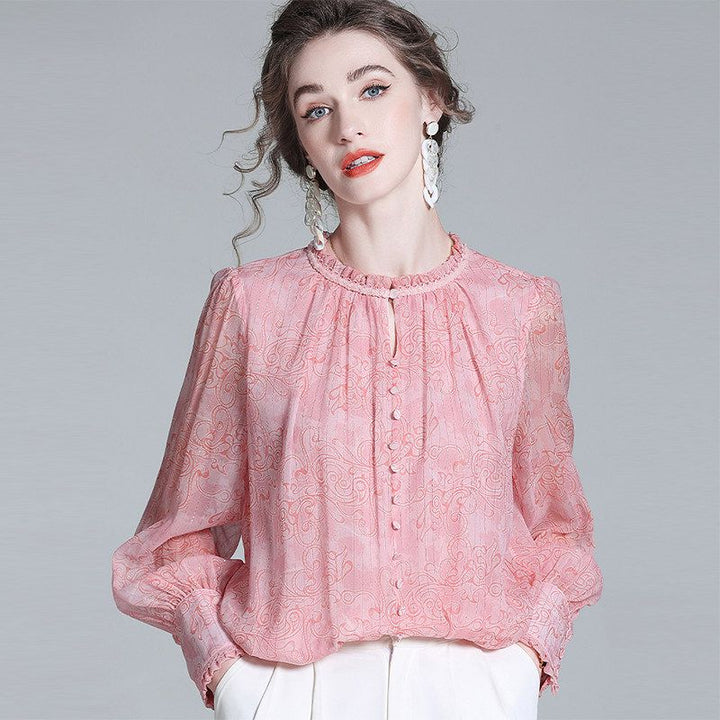 Pink Floral Ruffle Neck Long Lantern Sleeve Pullover Silk Blouse