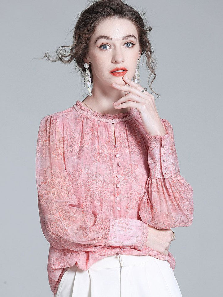 Pink Floral Ruffle Neck Long Lantern Sleeve Pullover Silk Blouse