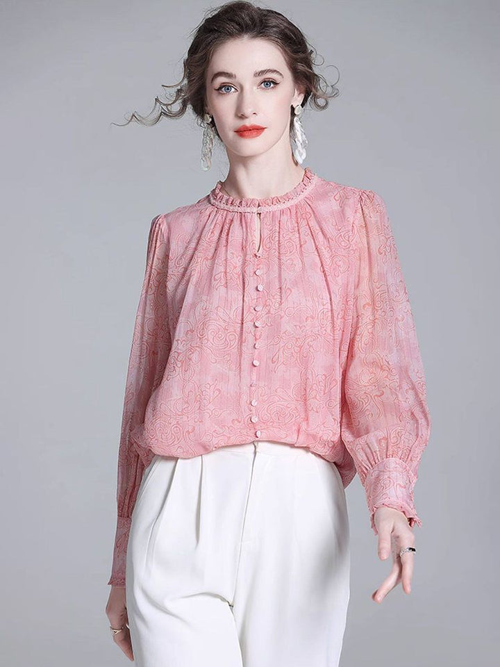 Pink Floral Ruffle Neck Long Lantern Sleeve Pullover Silk Blouse