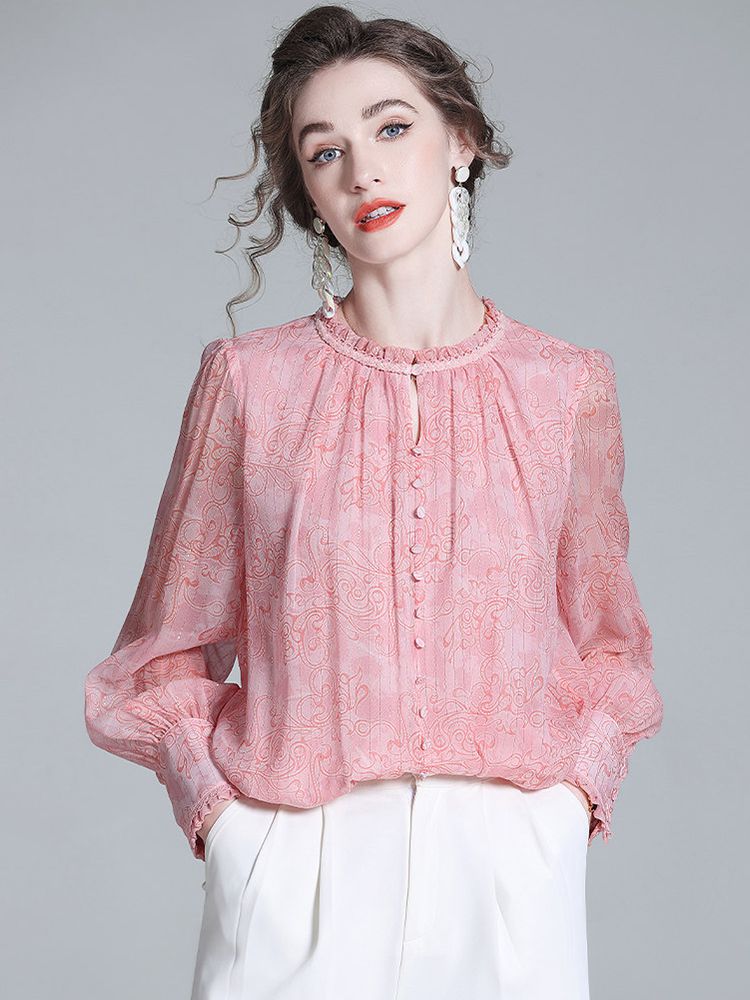 Pink Floral Ruffle Neck Long Lantern Sleeve Pullover Silk Blouse