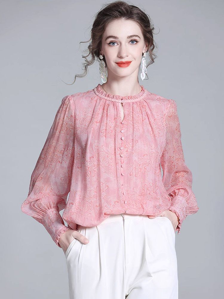 Pink Floral Ruffle Neck Long Lantern Sleeve Pullover Silk Blouse
