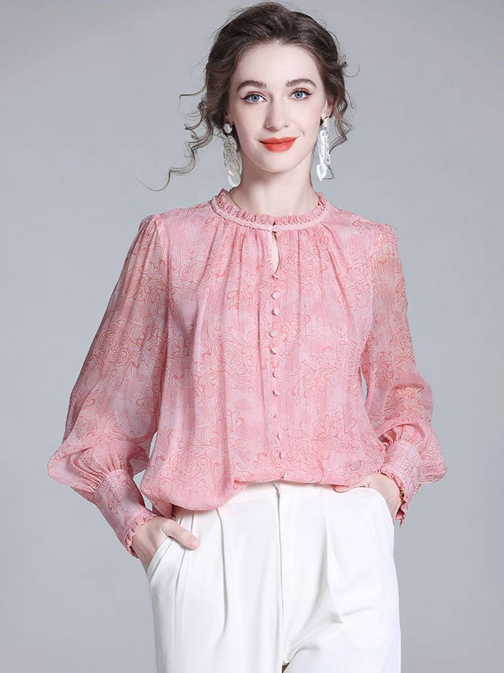 Pink Floral Ruffle Neck Long Lantern Sleeve Pullover Silk Blouse