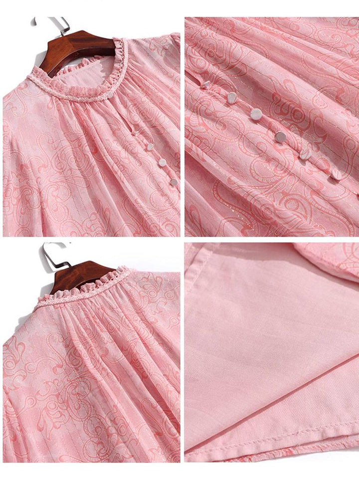 Pink Floral Ruffle Neck Long Lantern Sleeve Pullover Silk Blouse
