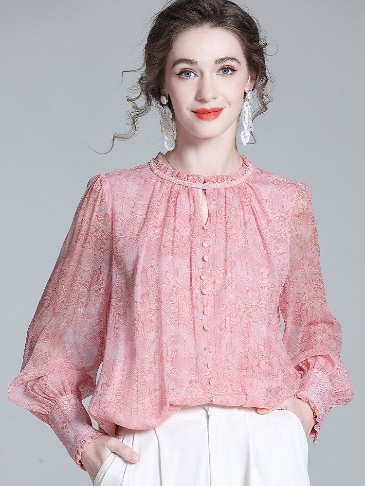 Pink Floral Ruffle Neck Long Lantern Sleeve Pullover Silk Blouse
