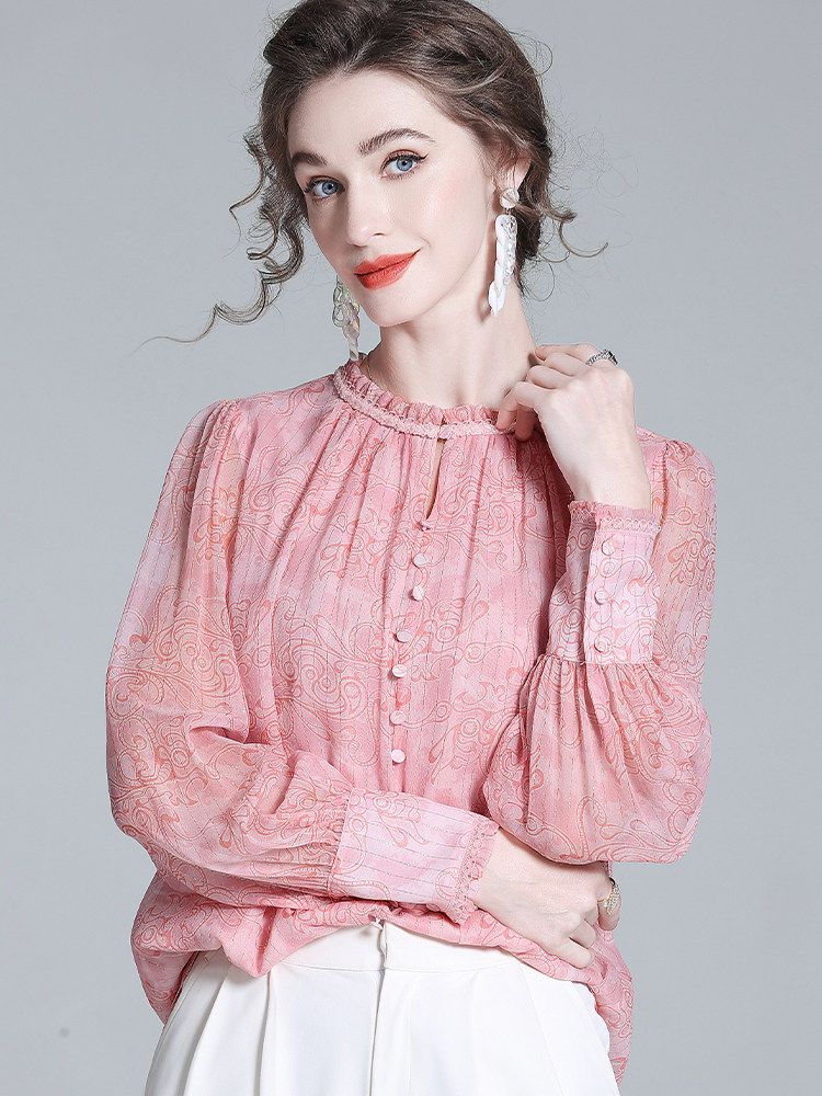 Pink Floral Ruffle Neck Long Lantern Sleeve Pullover Silk Blouse
