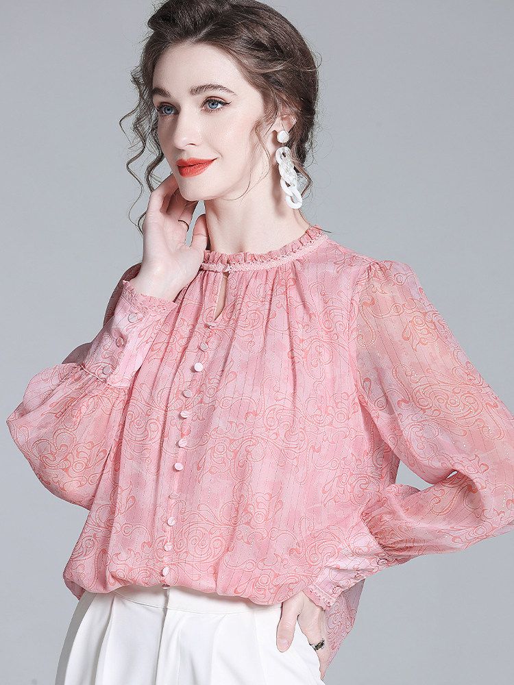 Pink Floral Ruffle Neck Long Lantern Sleeve Pullover Silk Blouse