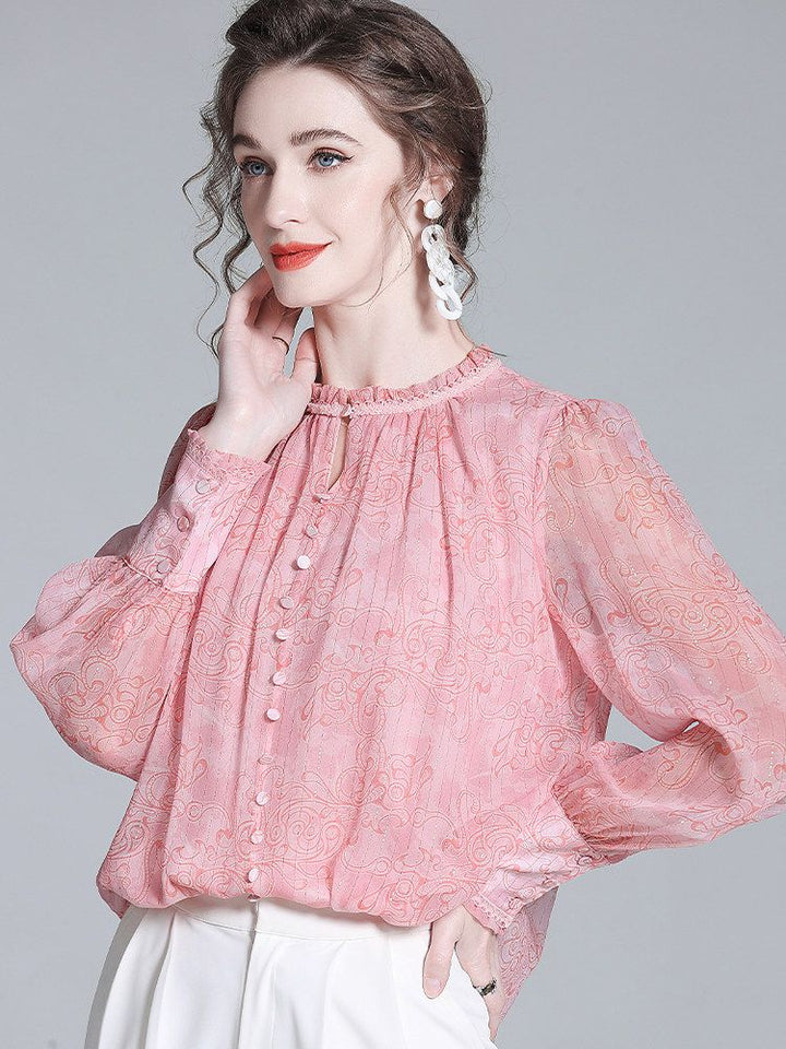 Pink Floral Ruffle Neck Long Lantern Sleeve Pullover Silk Blouse