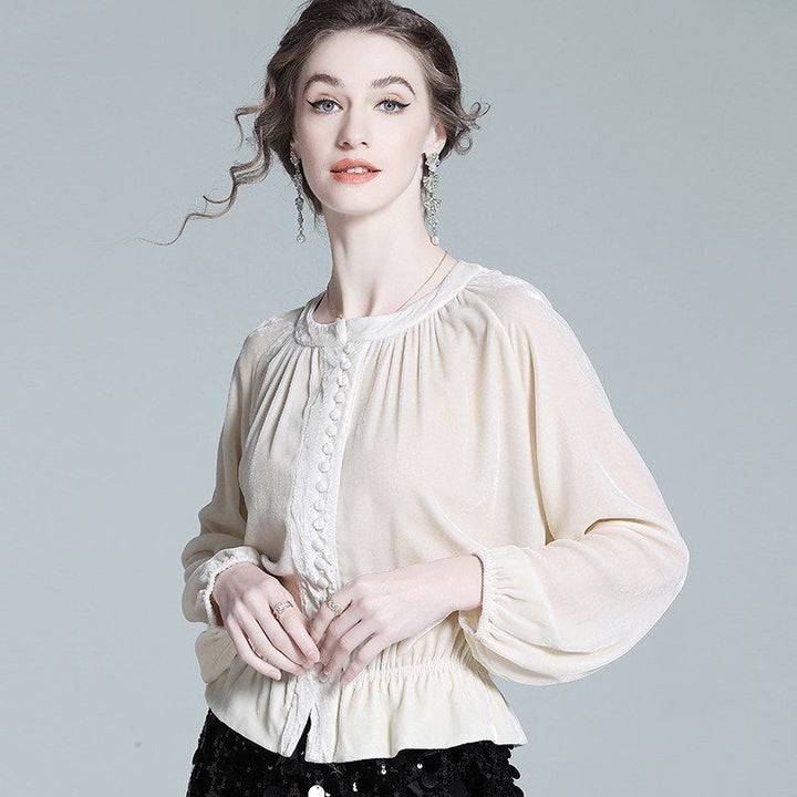 Pleated Cream Bishop Sleeve Peplum Hem Silk-Velvet Blouse