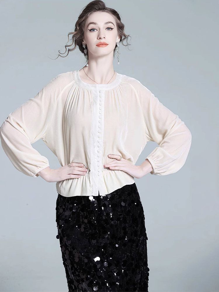 Pleated Cream Bishop Sleeve Peplum Hem Silk-Velvet Blouse