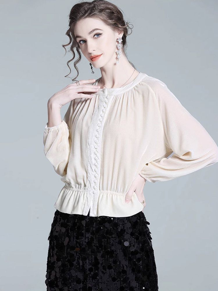 Pleated Cream Bishop Sleeve Peplum Hem Silk-Velvet Blouse