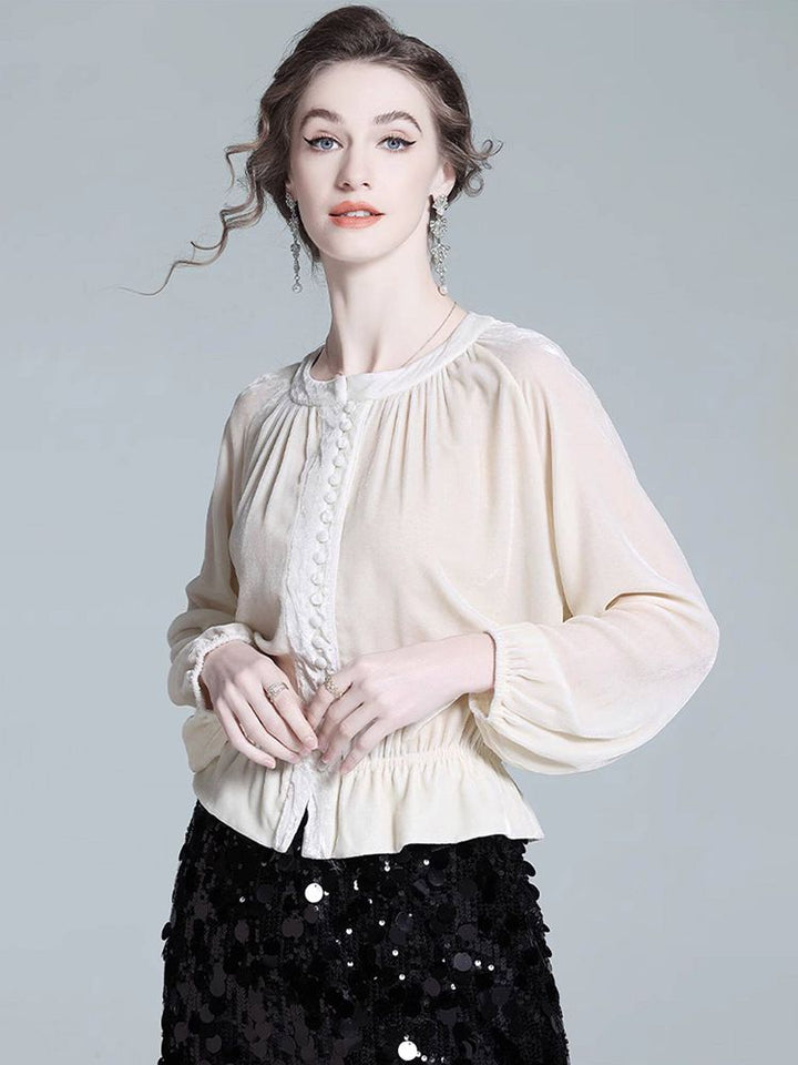 Pleated Cream Bishop Sleeve Peplum Hem Silk-Velvet Blouse