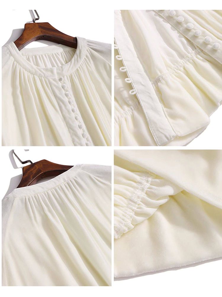 Pleated Cream Bishop Sleeve Peplum Hem Silk-Velvet Blouse
