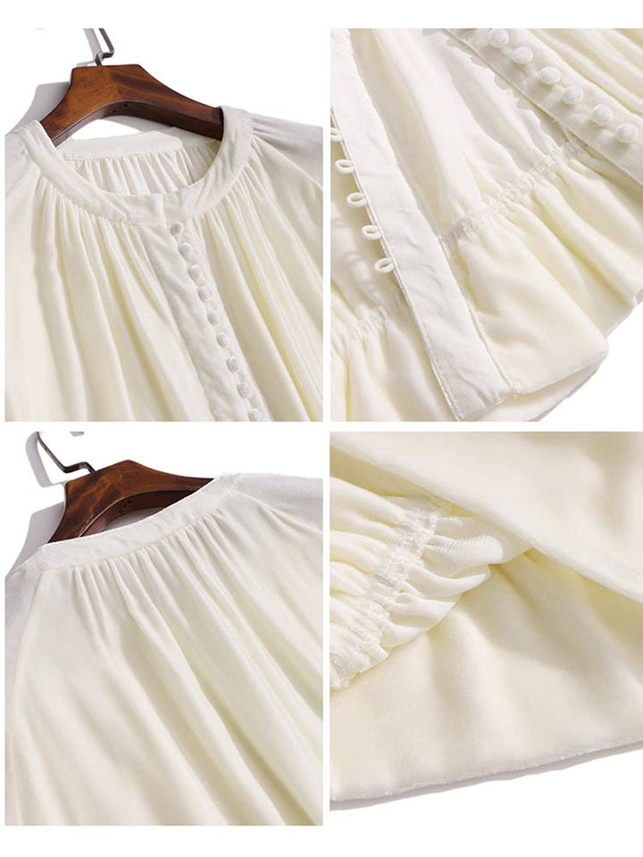 Pleated Cream Bishop Sleeve Peplum Hem Silk-Velvet Blouse