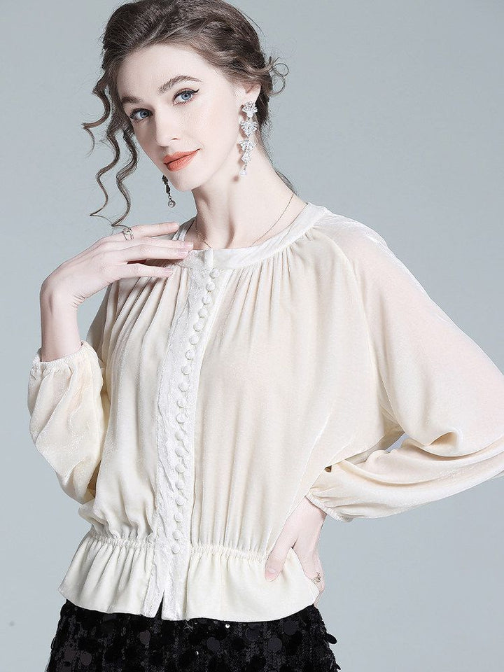 Pleated Cream Bishop Sleeve Peplum Hem Silk-Velvet Blouse