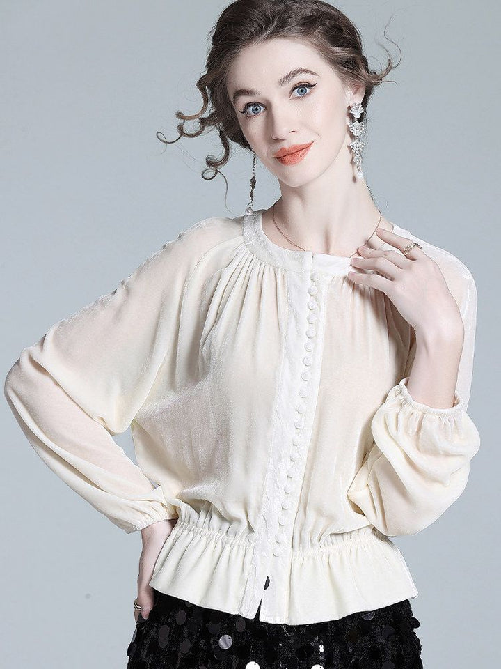 Pleated Cream Bishop Sleeve Peplum Hem Silk-Velvet Blouse