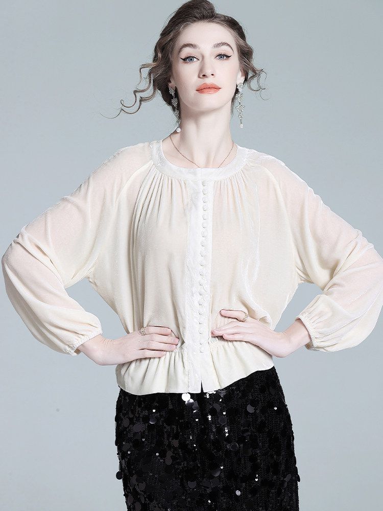 Pleated Cream Bishop Sleeve Peplum Hem Silk-Velvet Blouse