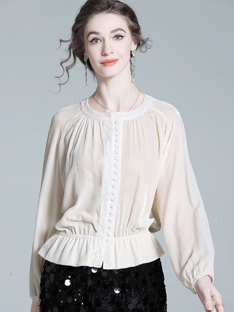 Pleated Cream Bishop Sleeve Peplum Hem Silk-Velvet Blouse