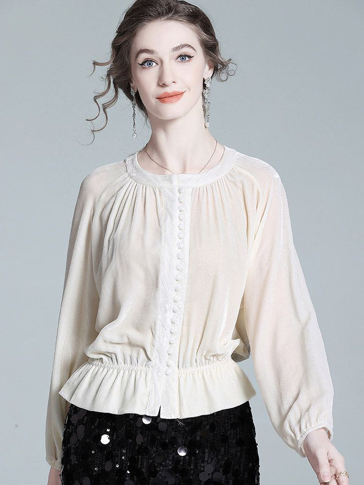 Pleated Cream Bishop Sleeve Peplum Hem Silk-Velvet Blouse