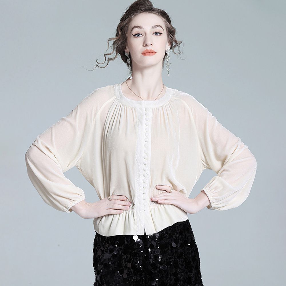 Pleated Cream Bishop Sleeve Peplum Hem Silk-Velvet Blouse