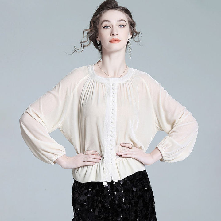Pleated Cream Bishop Sleeve Peplum Hem Silk-Velvet Blouse
