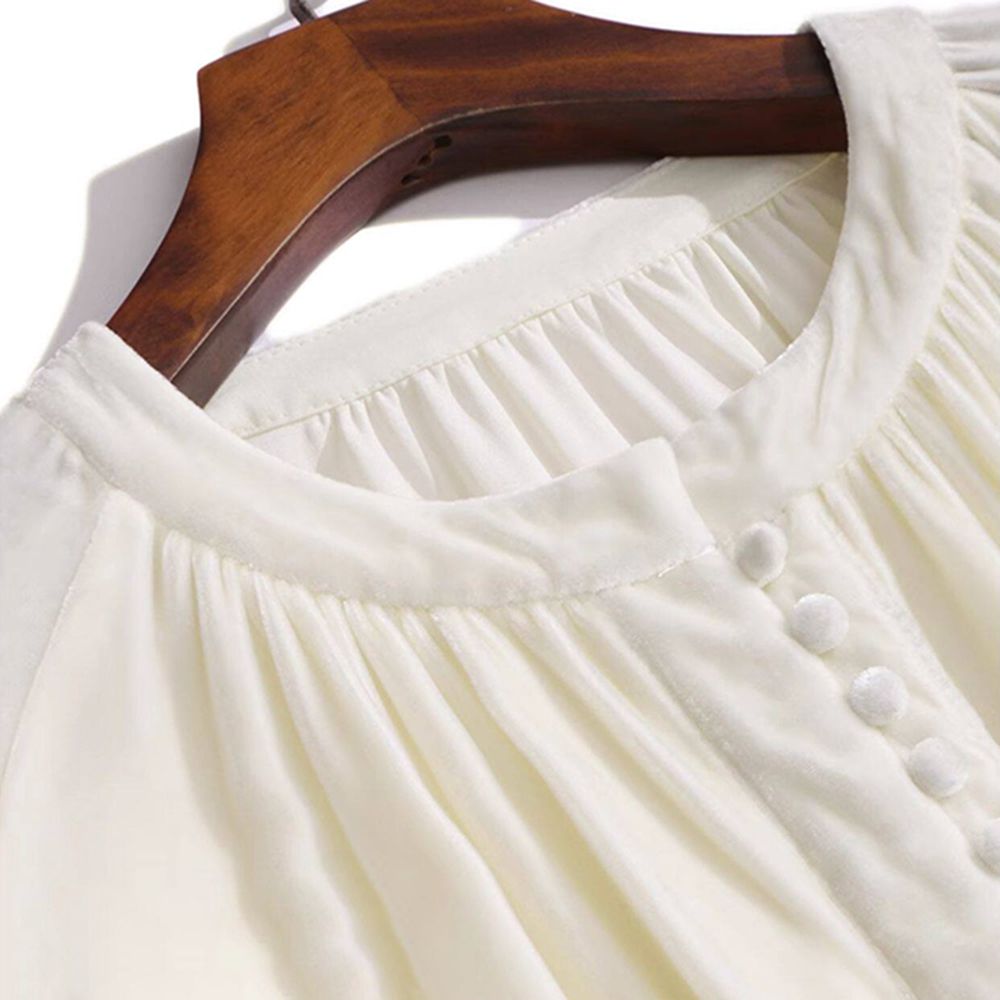 Pleated Cream Bishop Sleeve Peplum Hem Silk-Velvet Blouse