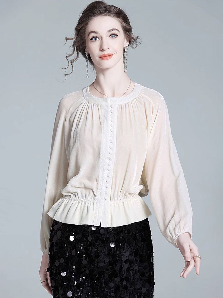 Pleated Cream Bishop Sleeve Peplum Hem Silk-Velvet Blouse