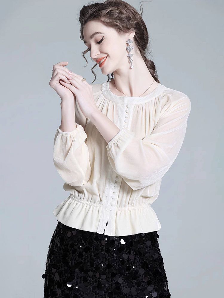 Pleated Cream Bishop Sleeve Peplum Hem Silk-Velvet Blouse