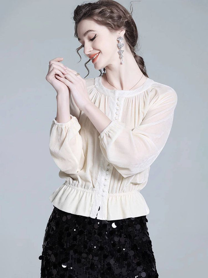 Pleated Cream Bishop Sleeve Peplum Hem Silk-Velvet Blouse