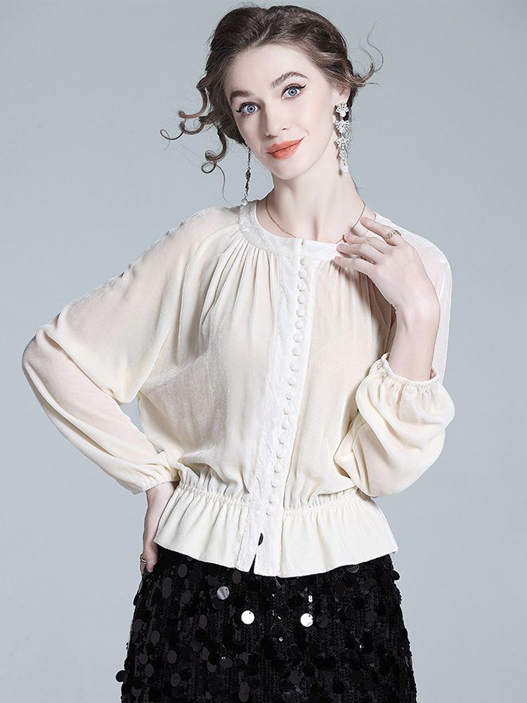 Pleated Cream Bishop Sleeve Peplum Hem Silk-Velvet Blouse