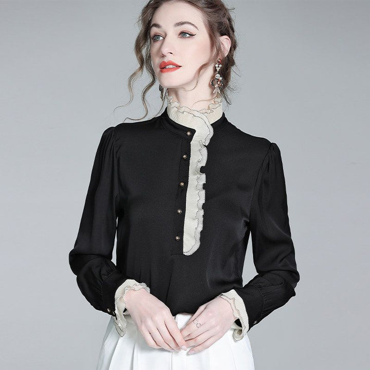Victorian Long Sleeve Black Silk Blouse with Contrast Ruffle Mock Neckline