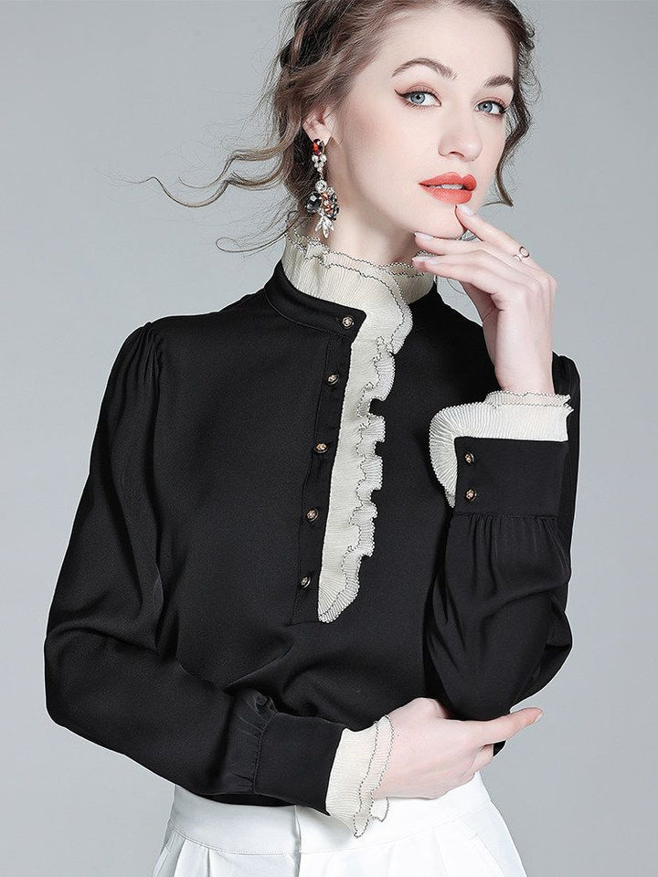 Victorian Long Sleeve Black Silk Blouse with Contrast Ruffle Mock Neckline