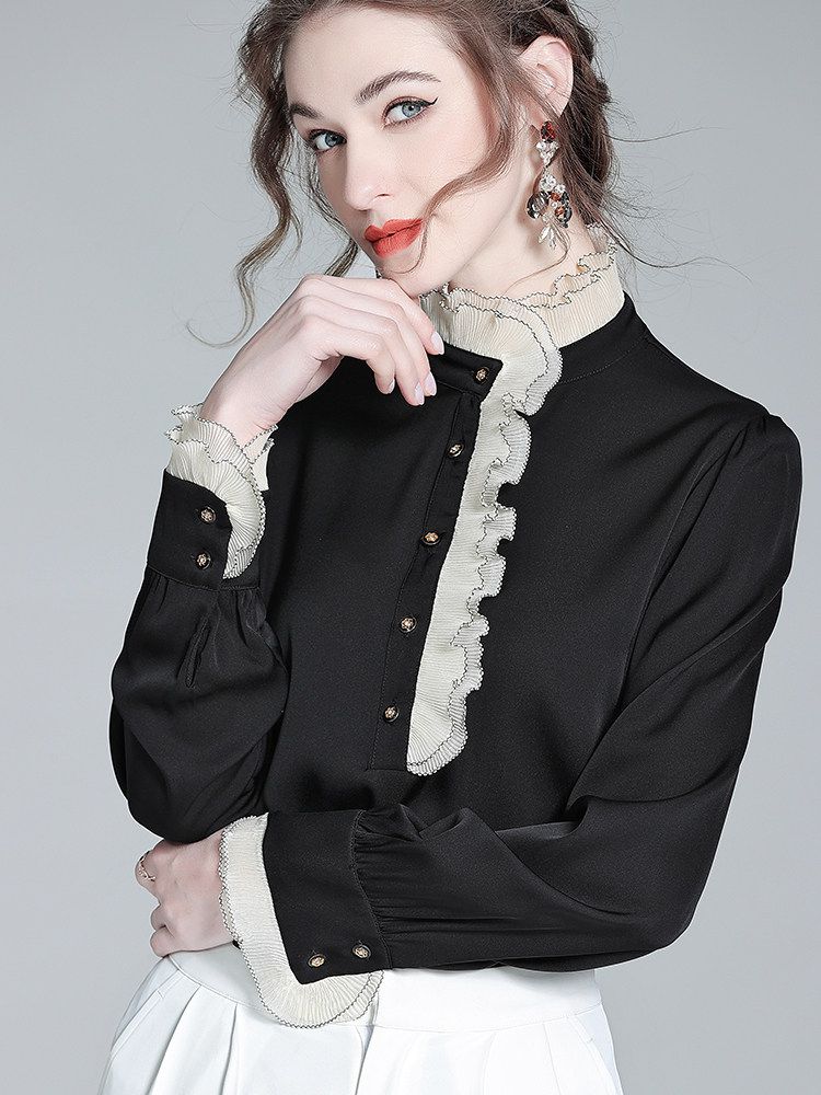 Victorian Long Sleeve Black Silk Blouse with Contrast Ruffle Mock Neckline
