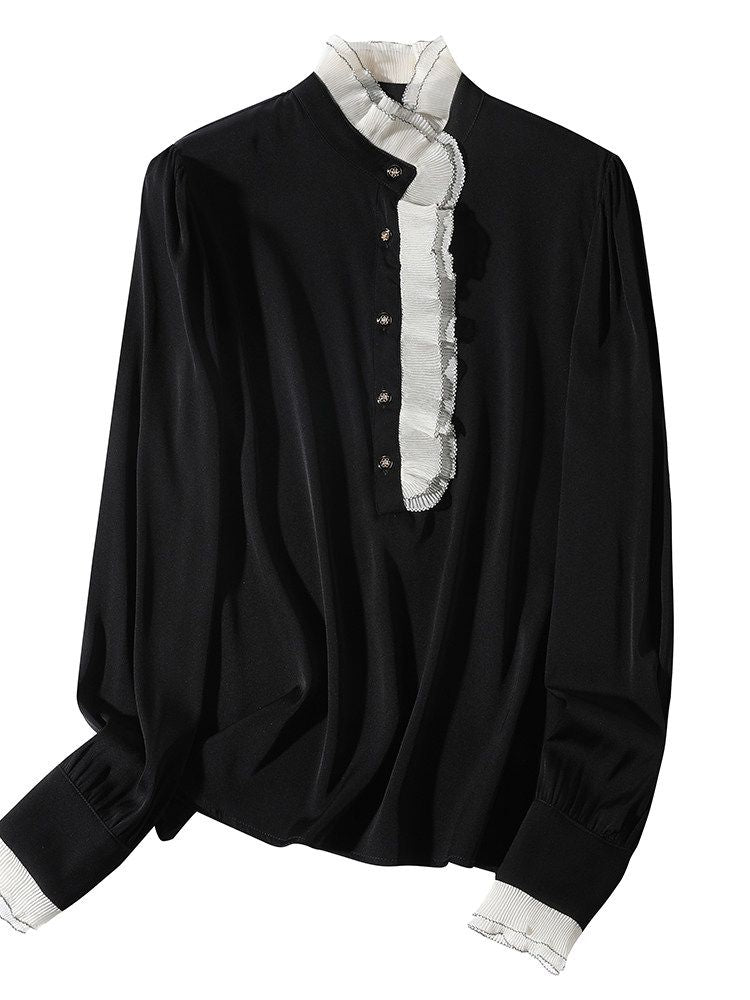 Victorian Long Sleeve Black Silk Blouse with Contrast Ruffle Mock Neckline