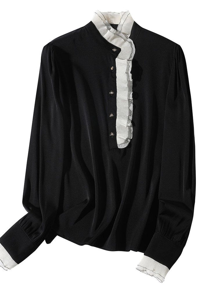 Victorian Long Sleeve Black Silk Blouse with Contrast Ruffle Mock Neckline