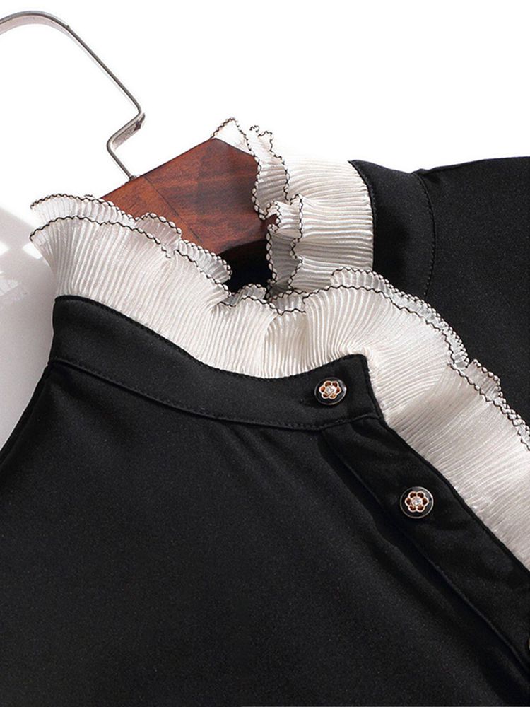 Victorian Long Sleeve Black Silk Blouse with Contrast Ruffle Mock Neckline