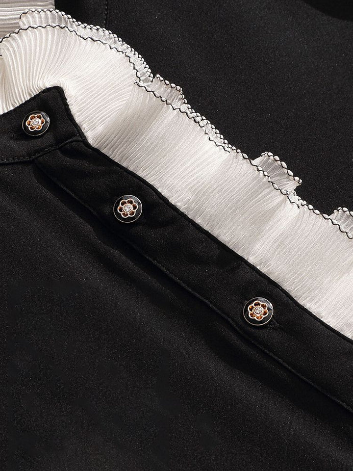Victorian Long Sleeve Black Silk Blouse with Contrast Ruffle Mock Neckline