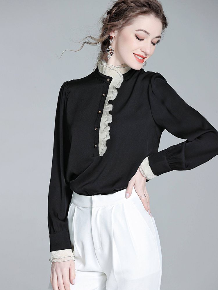 Victorian Long Sleeve Black Silk Blouse with Contrast Ruffle Mock Neckline