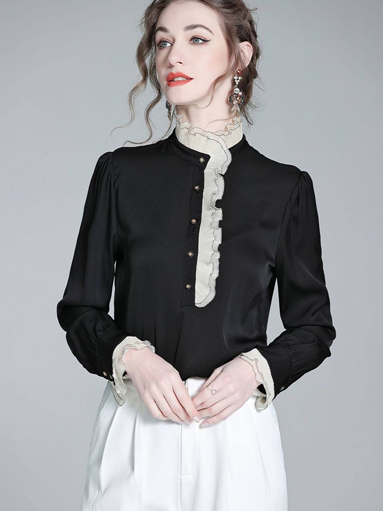 Victorian Long Sleeve Black Silk Blouse with Contrast Ruffle Mock Neckline