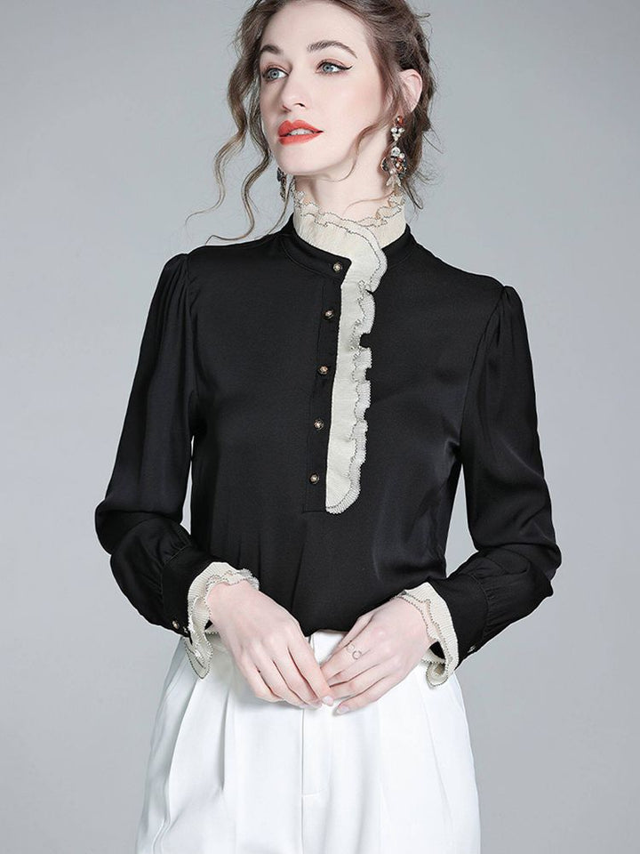 Victorian Long Sleeve Black Silk Blouse with Contrast Ruffle Mock Neckline