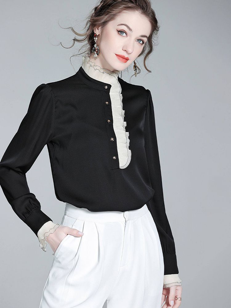 Victorian Long Sleeve Black Silk Blouse with Contrast Ruffle Mock Neckline