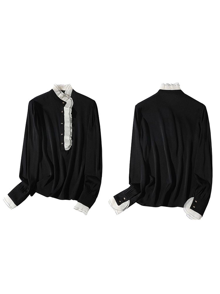 Victorian Long Sleeve Black Silk Blouse with Contrast Ruffle Mock Neckline