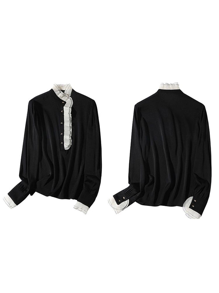 Victorian Long Sleeve Black Silk Blouse with Contrast Ruffle Mock Neckline