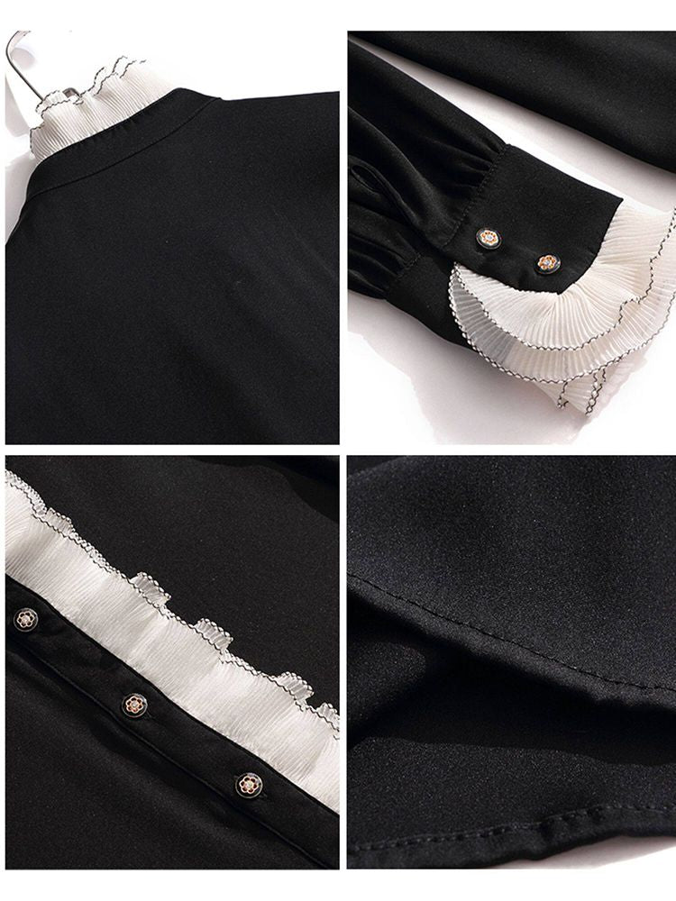 Victorian Long Sleeve Black Silk Blouse with Contrast Ruffle Mock Neckline