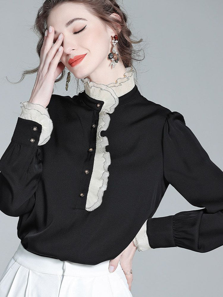 Victorian Long Sleeve Black Silk Blouse with Contrast Ruffle Mock Neckline