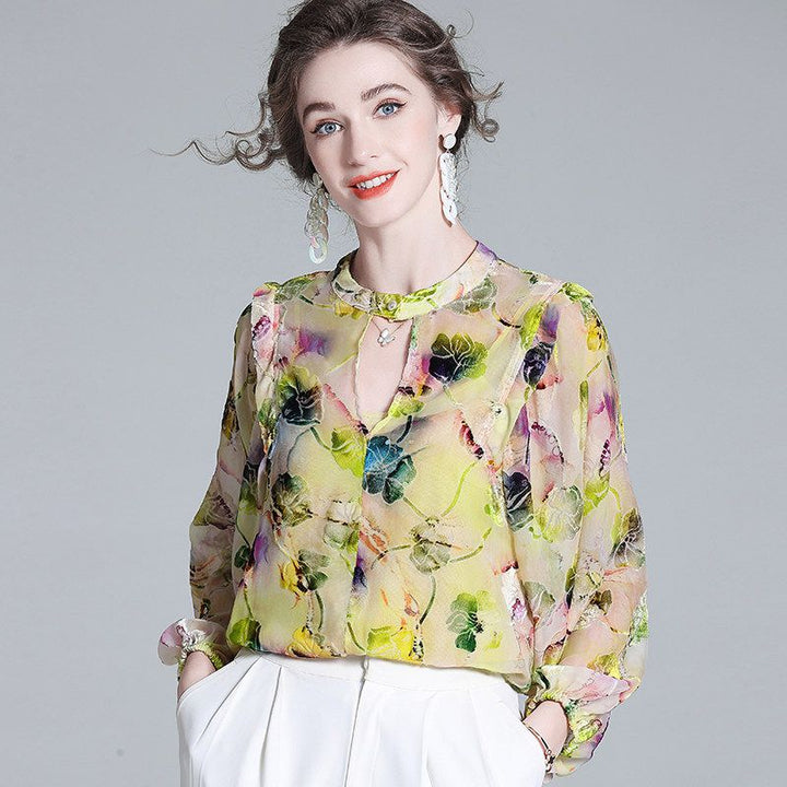 Light Yellow Floral Print Keyhole Neck Long Sleeve Silk Blouse