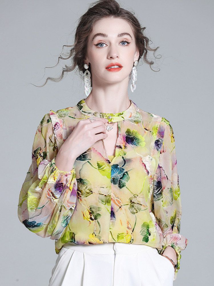 Light Yellow Floral Print Keyhole Neck Long Sleeve Silk Blouse